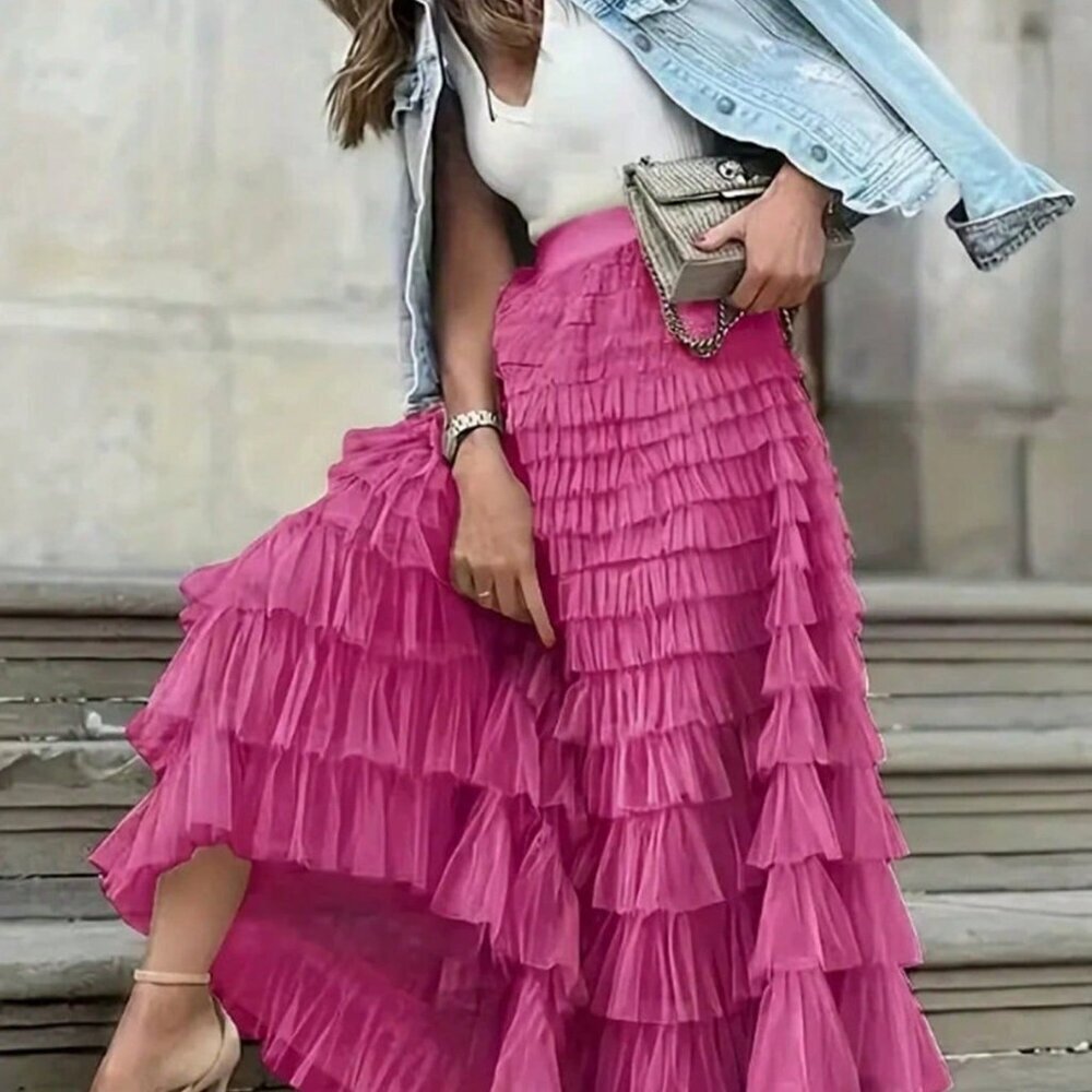 Hot Pink Casual French Women's Elegant High Waist Mesh Tulle Puff Long Skirt - Picture 3 of 4